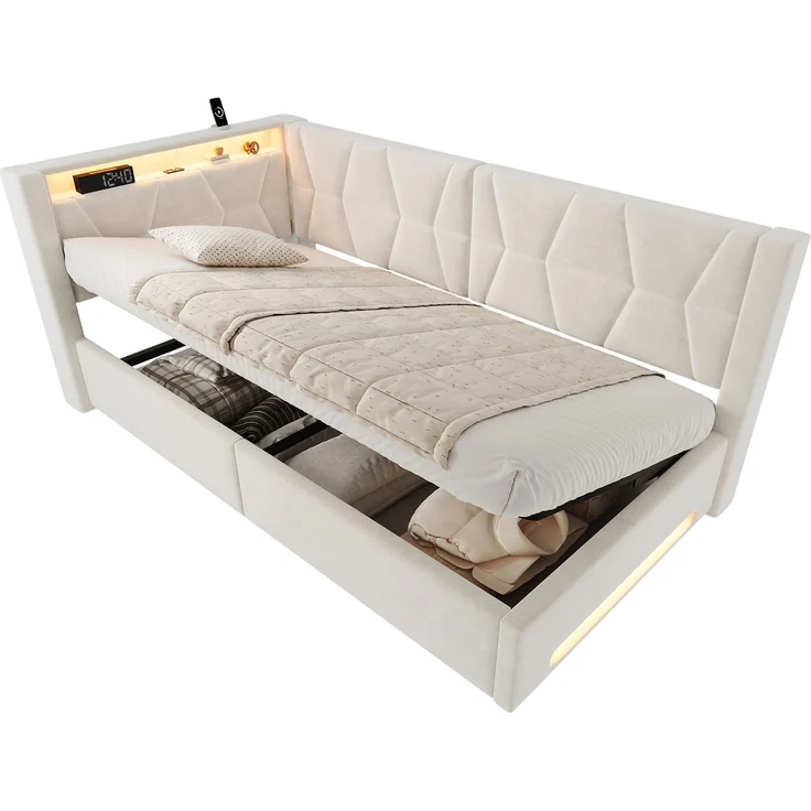 TavilaEcon Polsterbett Samtbett mit LED-Beleuchtung an Kopf- und Fußteil, USB & Type-C beige Liegefläche 90 × 200 cm – Bild 9