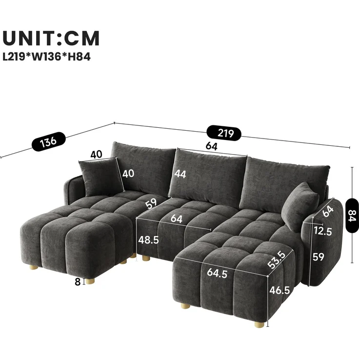ZUBALIYA L-/U-förmiges wandelbares Ecksofa, 5-Sitzer modulare Sofakombination mit 2 Hockern und Kissen, Chenille-Stoff, Cloud-Sofa, breite Armlehnen, geeignet für Wohnzimmer, Modell N653P7720G – Bild 6