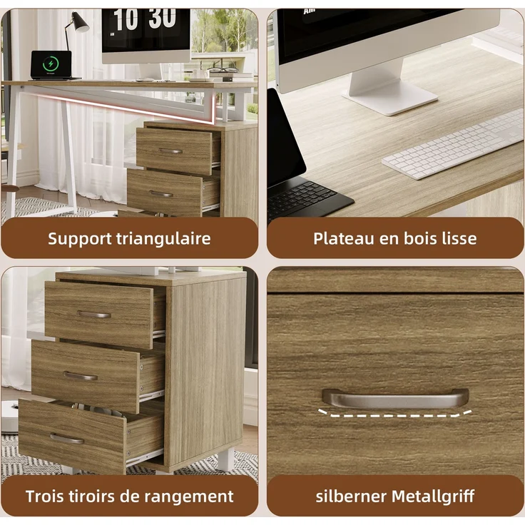 Schreibtisch 130x55x75 cm mit 3 Schubladen, MDF in Naturholzoptik und weißem Stahlrahmen – Bild 7