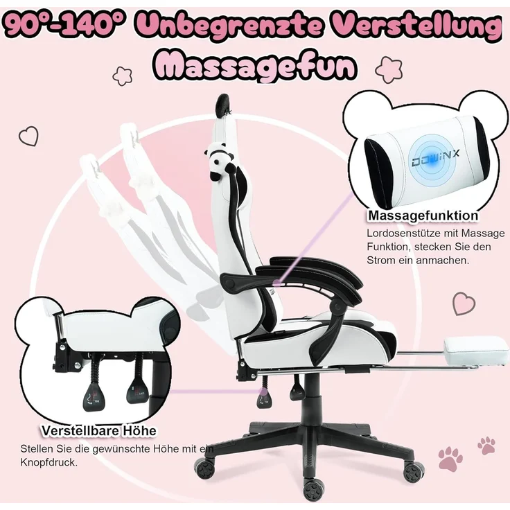 Dowinx Gaming Stuhl - Süße Panda Edition - Ergonomischer Computerstuhl mit Hoher Rückenlehne und Lendenwirbelstütze, PU-Leder, Fußstütze, Panda – Bild 5