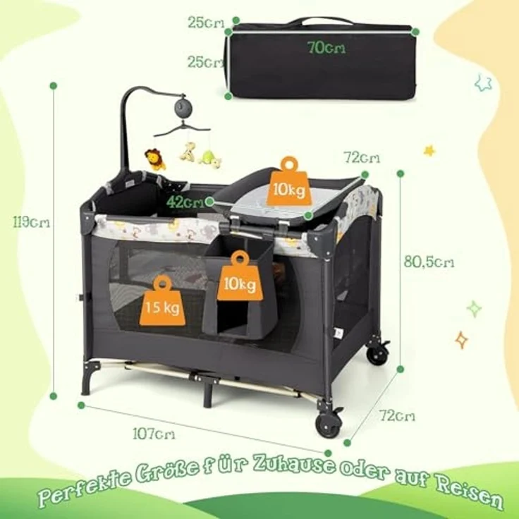 FANTASK 4 in 1 klappbares Reisebett 15 kg belastbar, Beistellbett mit Tragetasch, 2 Ebenen Babybett höhenverstellbar, Matratze & Spieluhr, Wickeltisch & Laufstall, Mobile Stubenwagen – Bild 6