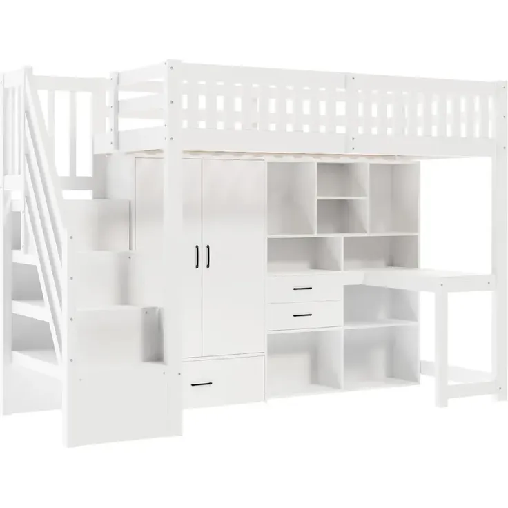Hochbett mit Schreibtisch, Kleiderschrank, Regal, Lattenrost und Rausfallschutz, 90x200cm, Kinderbett, Stauraum, Jugendbett, Kiefer – Bild 8