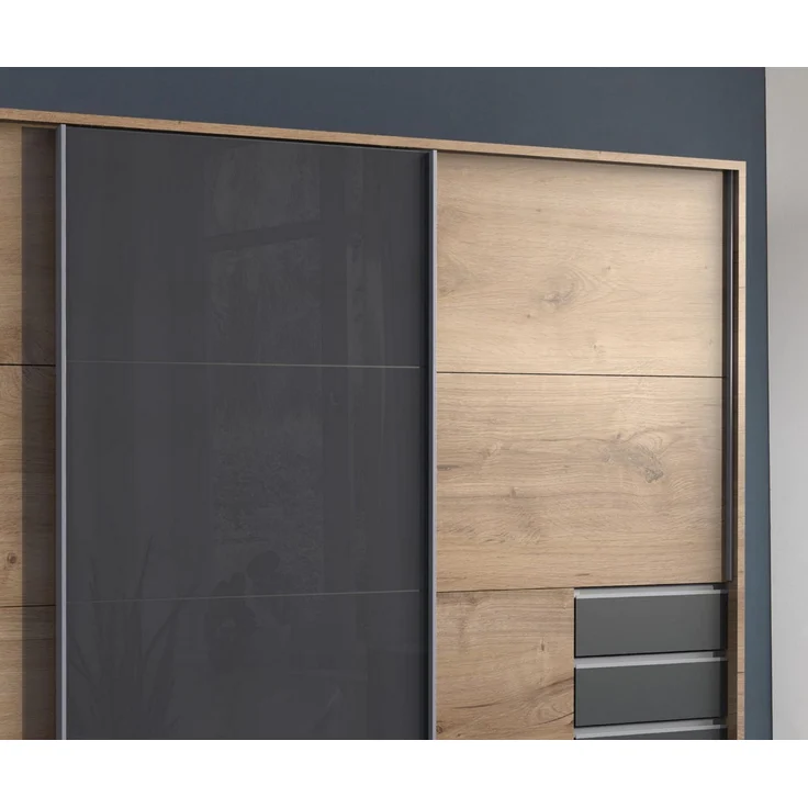 Schwebetürenschrank Kleiderschrank 3trg 273cm Eiche Dekor,Glas Grau Passepartout – Bild 5