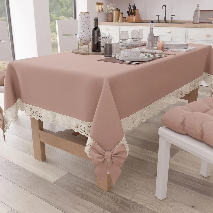 PETTI Artigiani Italiani - Tischdecke, Tischdecke, rechteckige Küchentischdecke mit Sangalla-Spitze und Schleifen, Tischdecke einfarbig aus Baumwolle, X6-Sitzer (140x180 cm) Puder