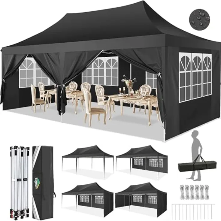 COBIZI Pavillon partyzelt 3x6 wasserdicht stabil Winterfest,Pop-Up faltpavillion mit 6 Seitenteilen Kommerzielle sofort aufklappbare Vordächer Outdoor Gartenzelt Partyzelt für Party Festival,Schwarz