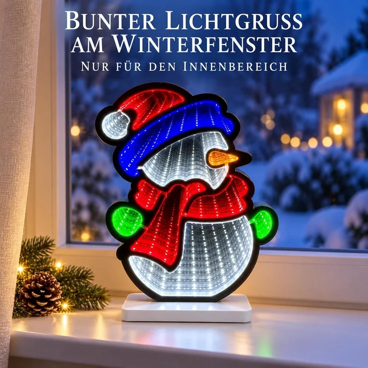 LED Infinity Spiegel Schneemann 28 cm mit Timer, bunte Weihnachtsdeko innen – Bild 8