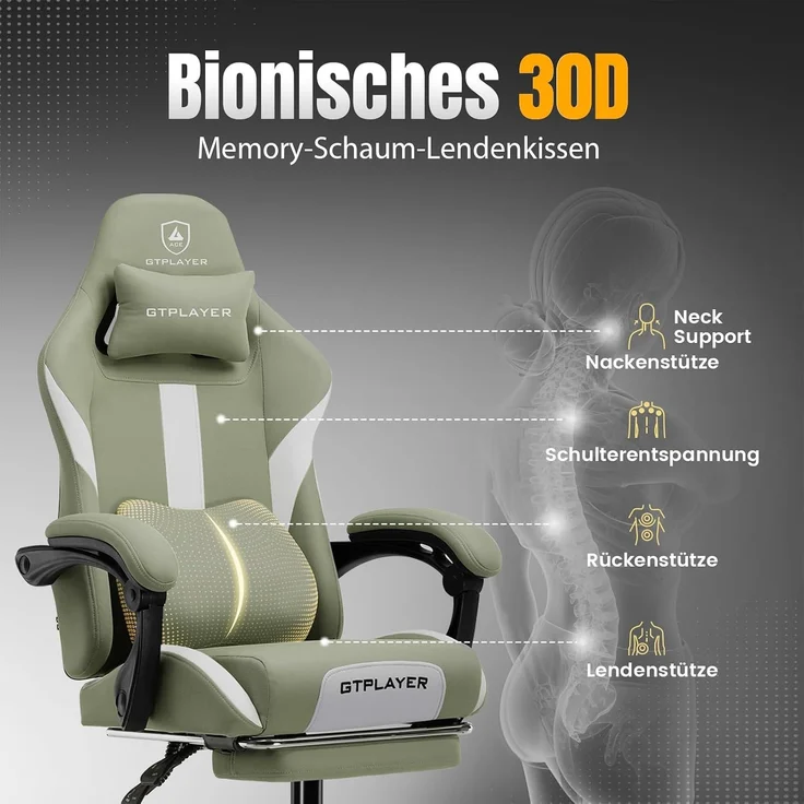 GTPLAYER Gaming-Stuhl Ergonomischer Gaming Sessel Schreibtischstuhl Gamer Stuhl aus Stoff, Federsitzkissen mit Fußstütze – Bild 4