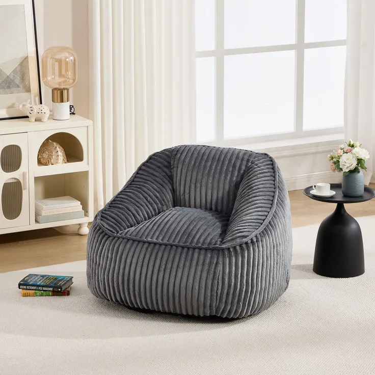 Sitzsack-Sessel aus dunkelgrauem Cord mit weicher Schaumstofffüllung, 1 Stück,H 73 x T 98 x B 92 cm