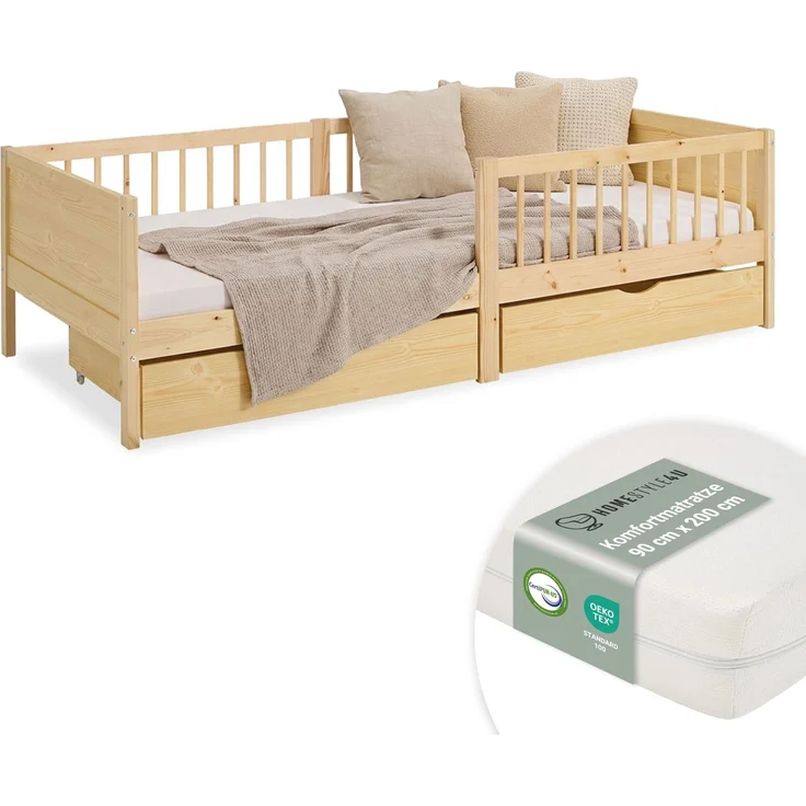 Kinderbett 90x200 cm mit Matratze 2 Bettkästen Rausfallschutz Holzbett Natur Einzelbett Gitterbett Holzbettrahmen – Bild 1