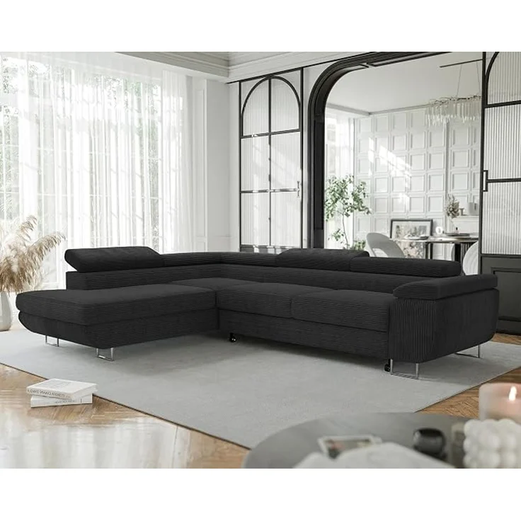 Idohome Ecksofa, Ausrichtung links, mit Schlaffunktion und Bettkasten, verstellbare Kopfstützen, Schwarz, 274x203 cm – Bild 2
