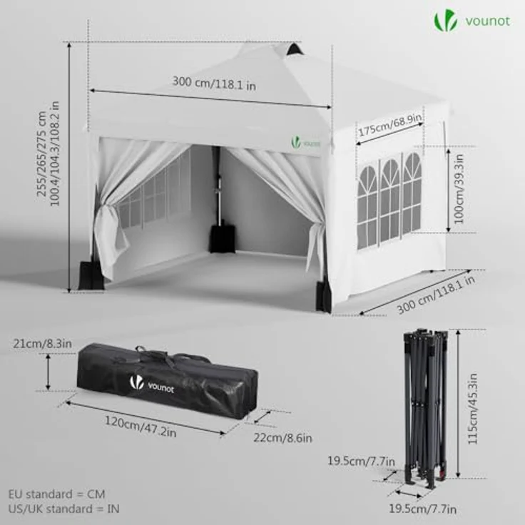 VOUNOT Pavillon 3x3 m Wasserdicht Stabil Winterfest, Pop Up Faltpavillon mit 4 Seitenteilen und 6 Sandsäcke, Faltbar Partyzelt Gartenzelt Gartenpavillon inkl. Tasche, Weiß – Bild 7