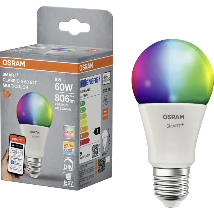 Osram SMART+ Matter LED-Lampe A60 Kolbenform 9W E27 RGBW, dimmbar, steuerbar per App & Sprache, kompatibel mit Alexa, Google, Apple, WiFi, White – Bild 1
