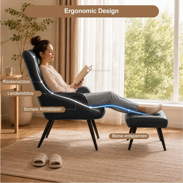 HomeMiYN Ohrensessel Relaxsessel mit Hocker für Leder & Stoff Lesesessel & Lehnstühle (Set, 1-St), Relaxsessel im Vintage-Look für gemütliche Herbst- und Winterabende – Bild 3
