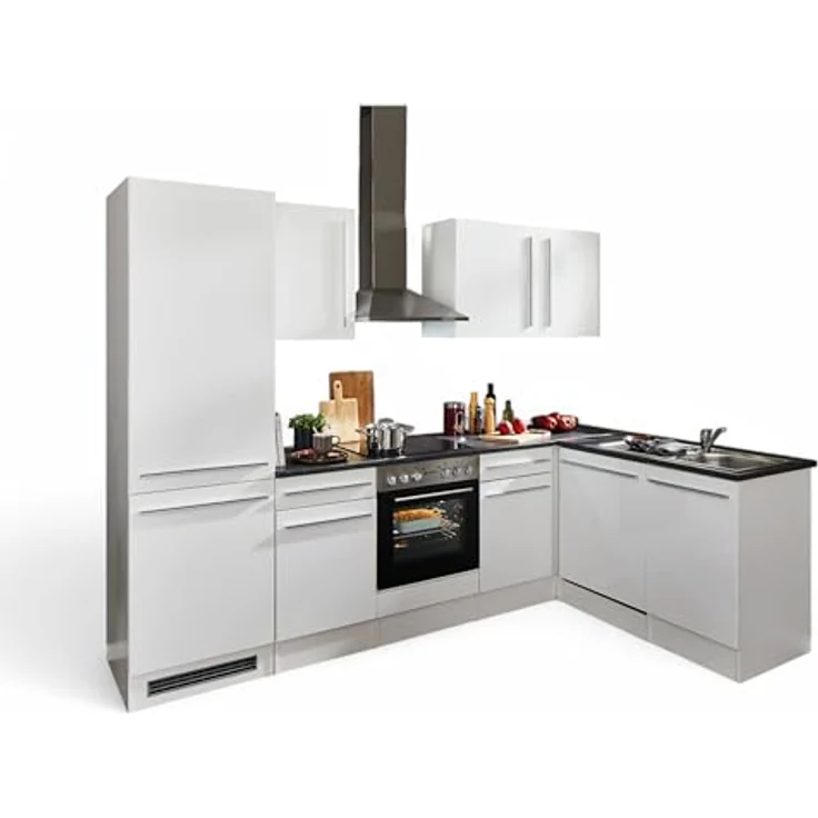 Jazz 8 Moderne Eckküche ohne Elektrogeräte in Weiß Hochglanz, Metallic Grau - Geräumige Küchenzeile in L-Form mit viel Stauraum - 280 x 211 x 60 cm (B/H/T) – Bild 2