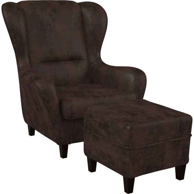 Supellex Sofia Ohrensessel mit Hocker | Design Kunstleder Braun