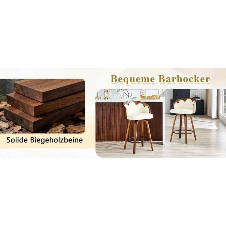 2er Set Barhocker mit Blüten-Rückenlehne, Bugholz, PU-Leder, Metall-Fußstütze, modern--Weiß--89x41.5x46.5cm--YOUDENOVA – Bild 6