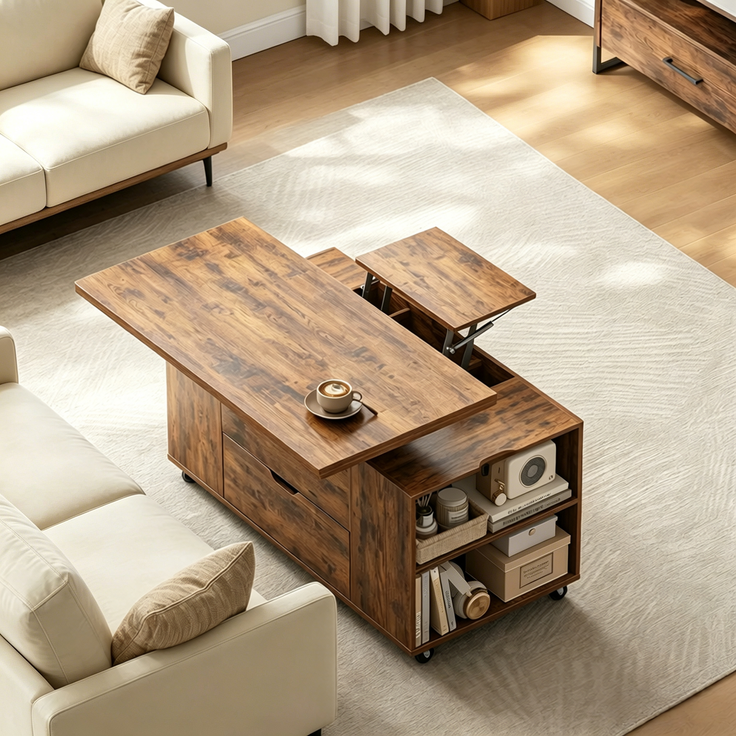 EINHOM Mobiler Couchtisch, Kleiner Esstisch, Lift-Top Wohnzimmer Tisch mit Abschließbarer Rolle, Beistelltisch, Studientisch (Nur Mit 1Pcs Studientisch)