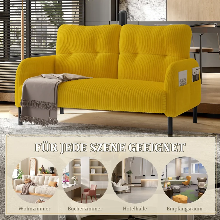 LVHOM 2-Sitzer Sofa mit Metallsockel, Doppelsofa Cordstoff mit Seitentaschen, Polstersofa Stoffsofa Sitzmöbel Loungesofa, 120x79x75cm – Bild 6