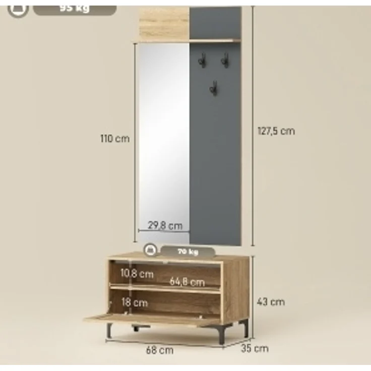 DESVIAE Garderobenschrank-Set mit Spiegel und Schuhbank, 60x127,5x13,5 cm, MDF, Naturholz/Grau – Bild 8
