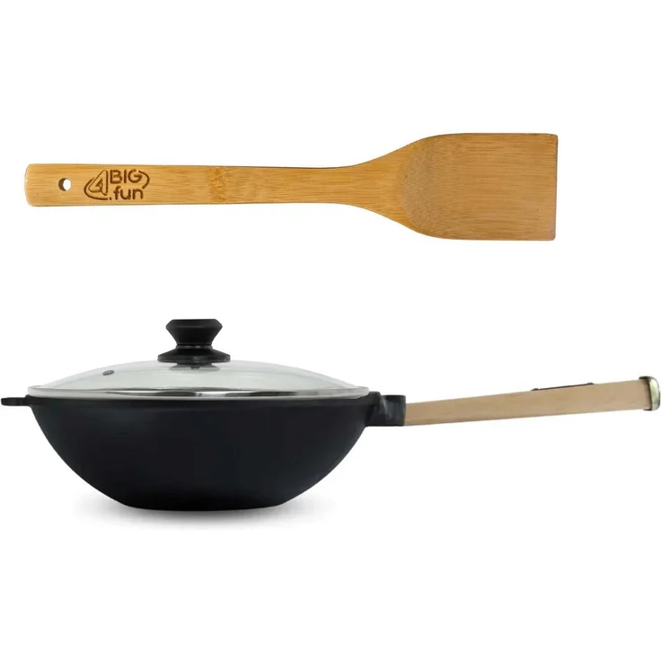 Wok Bratpfanne Ø24 cm 2,2 L aus Gusseisen mit Holzgriff Glasdeckel Asia Wokpfanne Induktion Pfannenwender – Bild 2