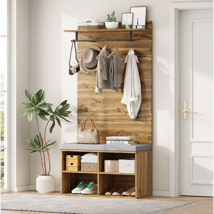 Garderobenset mit Schuhbank, verstellbarem Regal und Kleiderstange, 84x35x175 cm, Eiche – Bild 1