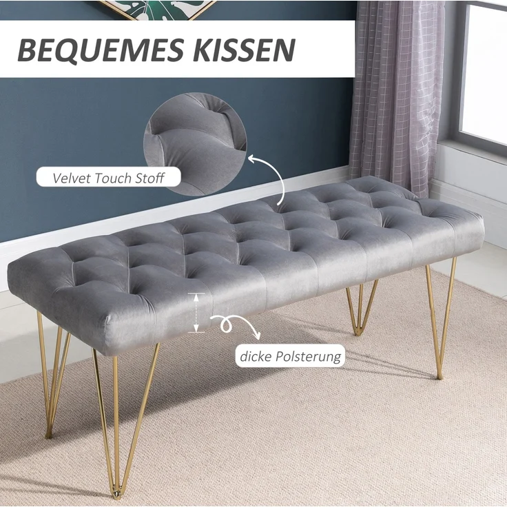 CHICFURN Bettbank 116x49x44,5 cm mit Samtbezug und Eisenrahmen – Grau – Bild 2