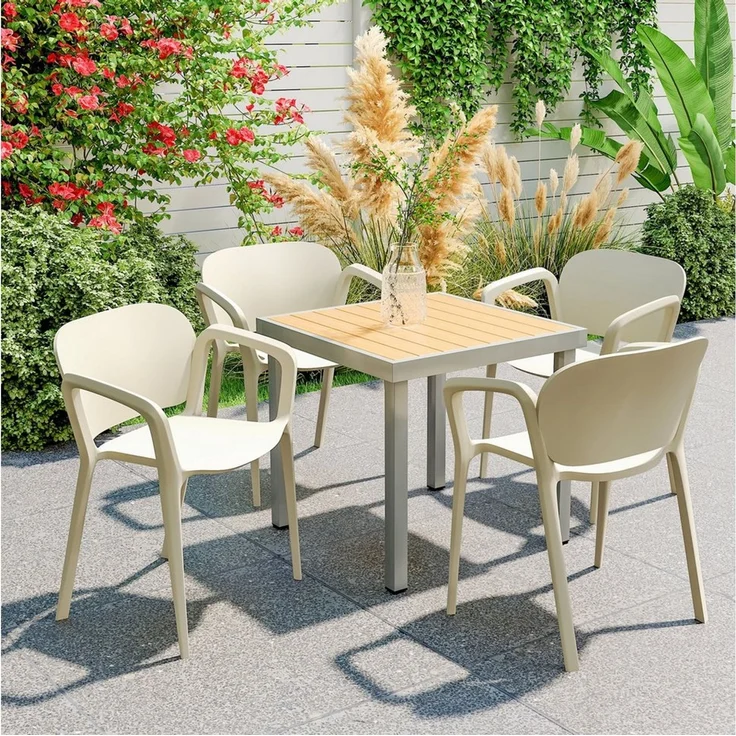 Outsunny Gartenstuhl 4er Set, aus Kunststoff, mit Armlehne, Rückenlehne, stapelbar (wetterfest Gartenstühle, 4 St), bis 120 kg belastbar Gartenmöbel für Hinterhof, Garten, Balkon Weiß – Bild 5