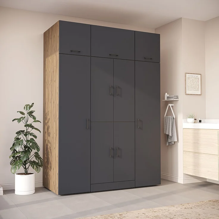 Roomart Waschmaschinenschrank - DORA-I- 160 cm breit - Wasch- & Trocknerschrank mit 2 Hochschränken, Türen & Ausziehbrett, Waschmaschinen-Überbau für Waschküche & Hauswirtschaftsraum • Anthrazit-Eiche – Bild 1