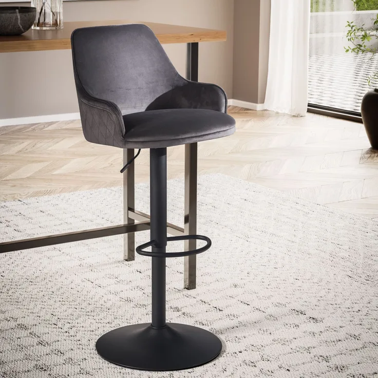 FineBuy Barhocker Samt Hocker mit Lehne 86 - 106 cm, Küchenhocker Höhenverstellbar Modern 100 kg, Barstuhl Tresenhocker mit Metall-Trompetenfuß, Bistrohocker Gepolstert mit Armlehne