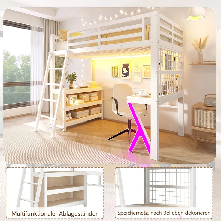 Merax Hochbett, 90 x 200 cm, Kinderbett, Einzelbett mit Tisch, LED - Lichtleiste, Aufbewahrungsschrank, Ohne Matratze, Weiß – Bild 7