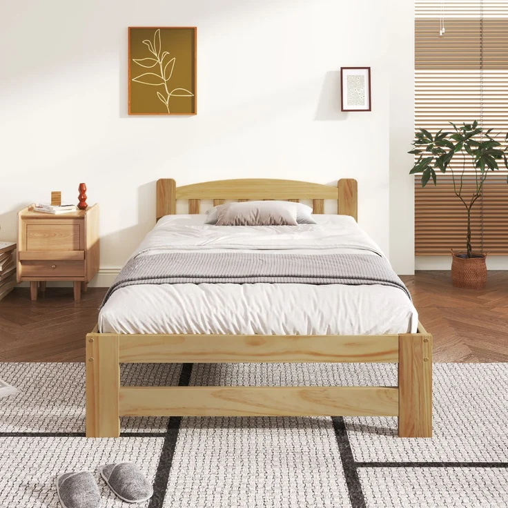 Solide Massivholzbett Futonbett, Einzelbett, Massivholz Natur Bett mit Kopfteil und Lattenroste, Jugendbett, Erwachsenenbett, Natur, 90x200 cm – Bild 1