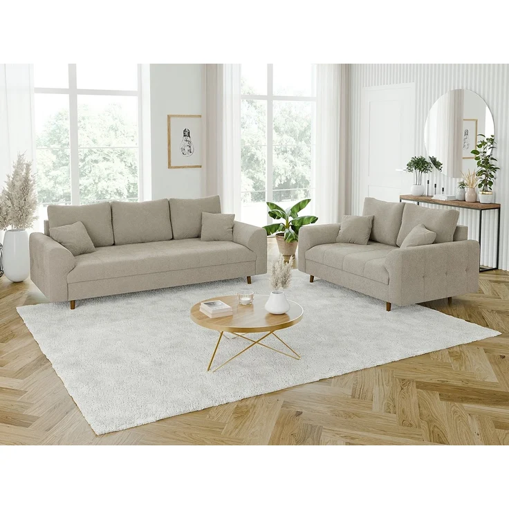 S-Style Möbel Polstergarnitur 3+2+1 Leif mit Holzfüßen im skandinavischen Stil aus Boucle-Stoff, (1x 3-Sitzer-Sofa, 1x 2-Sitzer-Sofa, 1x Sessel), mit Wellenfederung – Bild 3