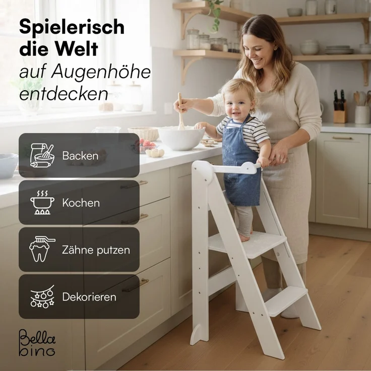 Bellabino 'Tay' Lernturm für Kinder ab 1 Jahr, Tritt 2-fach höhenverstellbar, weiß, Birke Sperrholz, klappbar, Tritthocker bis 50 kg belastbar – Bild 7