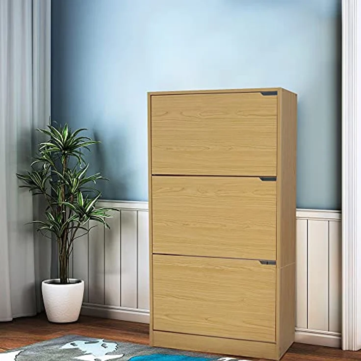 BAKAJI Schuhschrank aus MDF-Holz mit 3 Türen, Schuhregal, versenkbare Griffe, doppelte Tiefe, kompakte Größe, 63 x 24 x 115 cm, platzsparend, Eingangsbereich zu Hause (Eiche) – Bild 3