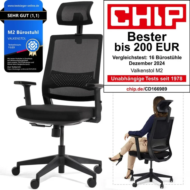 VALKENSTOL M2 Kopf-/Armstütze - Bürostuhl Ergonomisch Testsieger - 5 Jahre Garantie - Schreibtischstuhl mit Netzrücken - Computerstuhl – Bild 2
