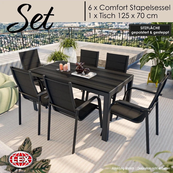 Gartenmöbel Set Alu Tisch 7-tlg. 6x Stapelsessel Gartenset Sitzgruppe anthrazit