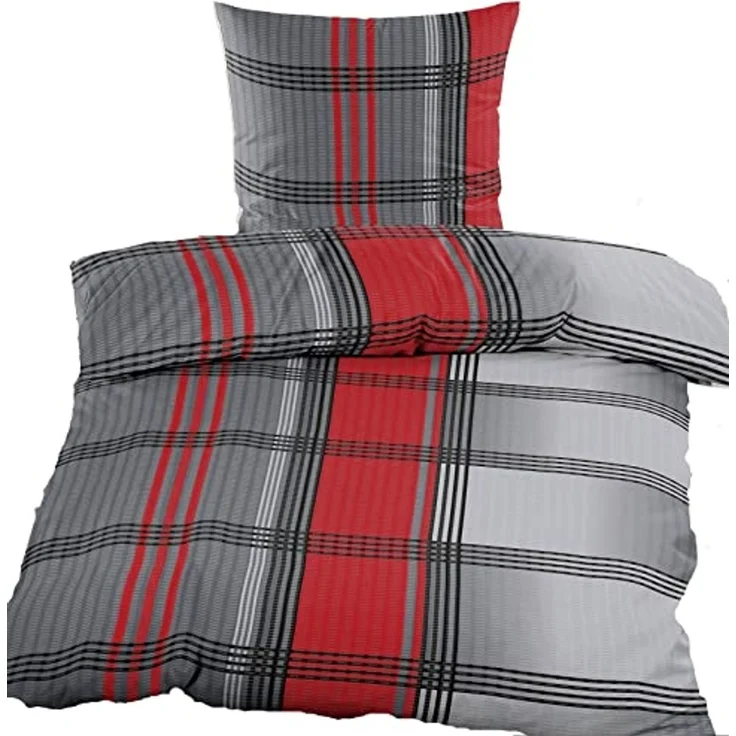 KH-Haushaltshandel Bettwäsche 4-tlg. Seersucker Bettwäsche 2x (135x200 +80x80cm), Seersucker, rot grau schwarz, kariert, bügelfrei, Microfaser – Bild 2