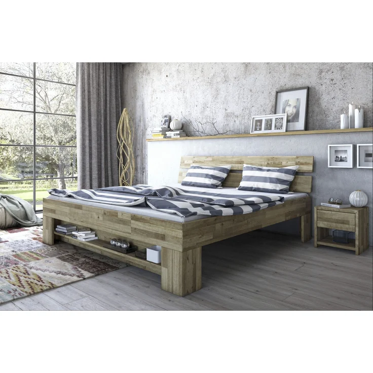 Massivholzbett >Link< Fußteilregal, Liegefl. 180x200, Wildeiche massiv - 185x88x215cm BxHxT – Bild 2