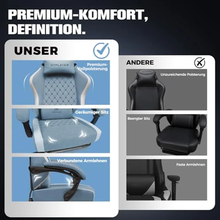 GTPLAYER Gaming Stuhl Ergonomischer, PC Stuhl Atmungsaktiver Stoff, Groß und Hoch Drehbarer Schreibtischstuhl mit Fußstütze,Verstellbare Lendenwirbelstütze und Kopfstütze,Hellblau – Bild 8