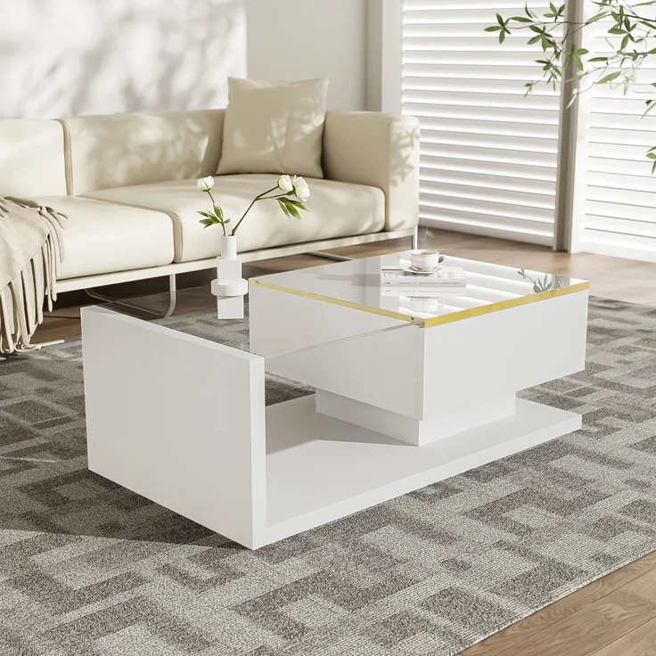 Couchtisch 90x50 cm Hochglanz Weiss LED Beleuchtung App Steuerung 16 Farben Glasplatte Wohnzimmer – Bild 4
