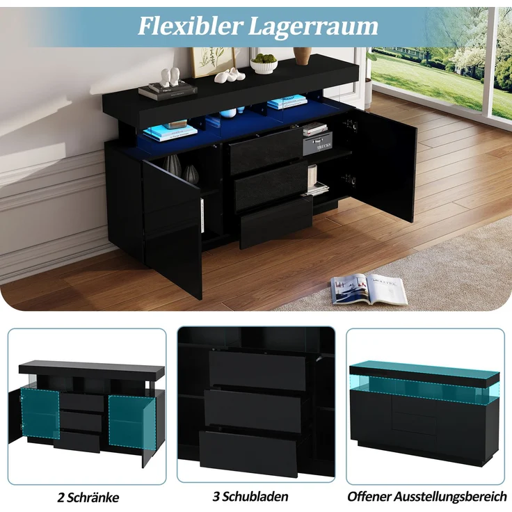 ZUBALIYA Sideboard 140x35x80 cm, mit LED-Beleuchtung, Hochglanz, aus Spanplatte, Schwarz – Bild 13