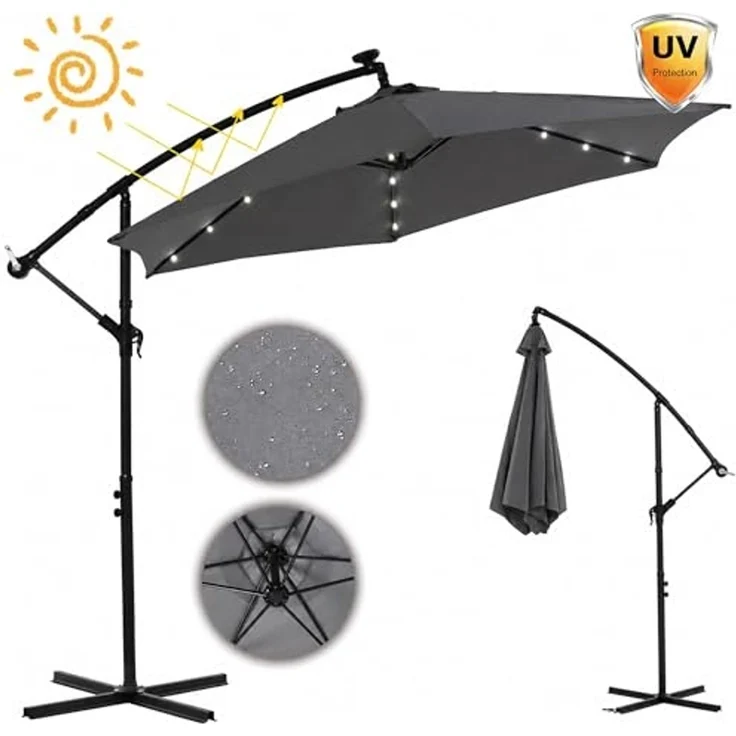 Terrassenschirm Grau Kurbelschirm 350 cm Ampelschirm LED Sonnenschutz Garten Gartenschirm Marktschirm Sonnenschirm Strandschirm 3,5 Meter Aufklappbar – Bild 4
