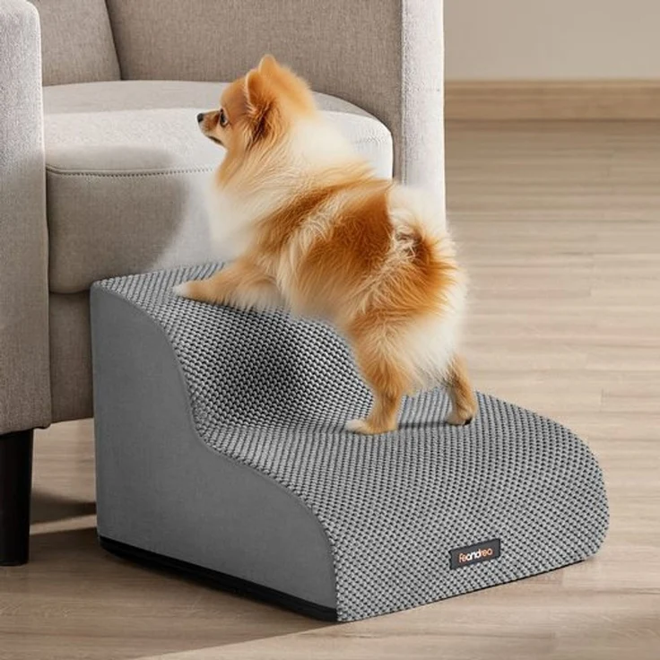 FEANDREA Hundetreppe, 2-stufig-Haustiertreppe, Waffelcord, rutschfest, abnehmbarer waschbarer Bezug, taubengrau – Bild 1