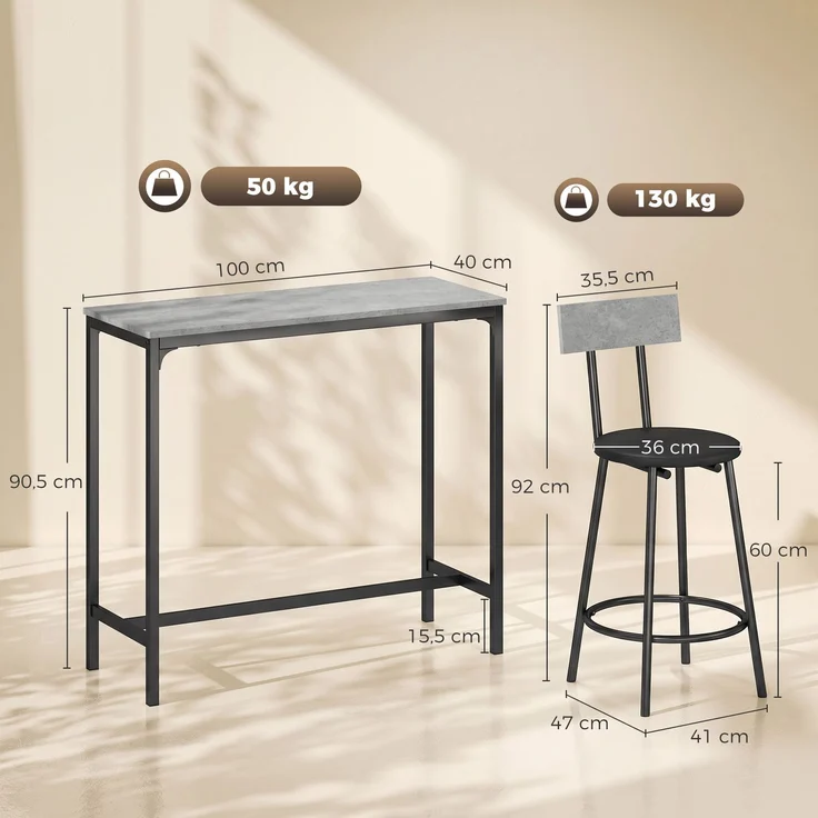 HOMCOM Bartisch mit Barhocker Set, MDF, Stahl, Grau, 100L x 40B x 90,5H cm – Bild 3