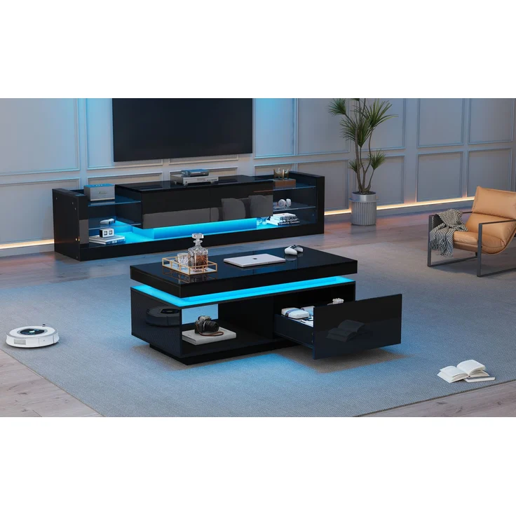 ZUBALIYA Wohnzimmerset 181x38x38 cm, mit LED-Beleuchtung, Hochglanz, aus Spanplatte, Schwarz – Bild 4
