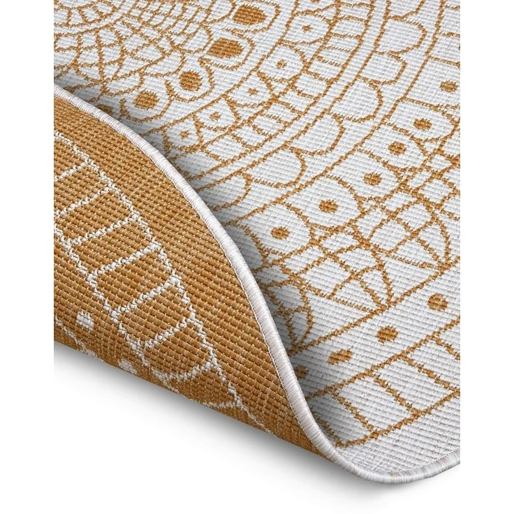 Northrugs Porto In- und Outdoor Teppich Rund – Runder Wendeteppich Wasserfest Mandala Design Flachgewebe Teppich Wetterfest für Balkon, Terrasse, Garten, Wohnzimmer in Ocker, ⌀100cm – Bild 3