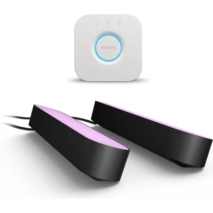 Philips Hue White & Color Ambiance Play Lightbar 2er Pack (500 lm) und Hue Bridge, dimmbare LED-Lightbar für das Hue Lichtsystem mit 16 Mio. Farben, smarte Lichtsteuerung über Sprache oder App,schwarz