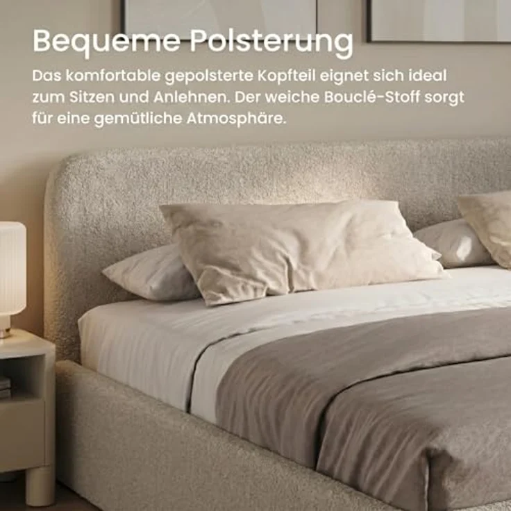 Home Collective Polsterbett mit Stauraum und verstellbarem Lattenrost, Bouclé-Stoff in Creme, viele Größen erhältlich (100x200 bis 200x200), wählbare Matratze Federkern oder Kaltschaum – Bild 6