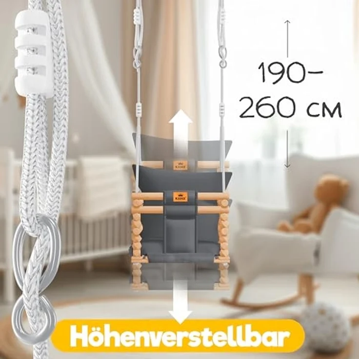 KIDIZ® Babyschaukel Kinderschaukel Schaukelsitz mit Polsterung | Holz-Schaukel mit Anti-Kipp bis 60KG | Höhenverstellbar Indoor & Outdoor | 0,5 - 3 Jahre | Montagezubehör & Sicherheitsgurt Anthrazit – Bild 6