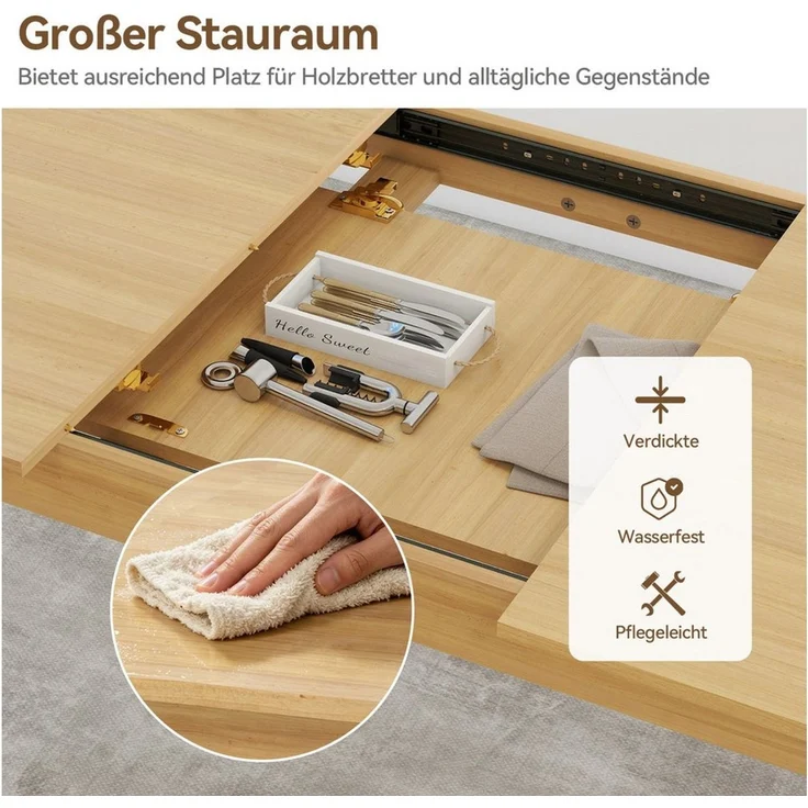 Puluomis Esstisch ausziehbar Massivholz mit Stauraum, 105-145cm verstellbar (für 2-6 Personen, 120kg tragfähig für Wohnzimmer Esszimmer natur) – Bild 2